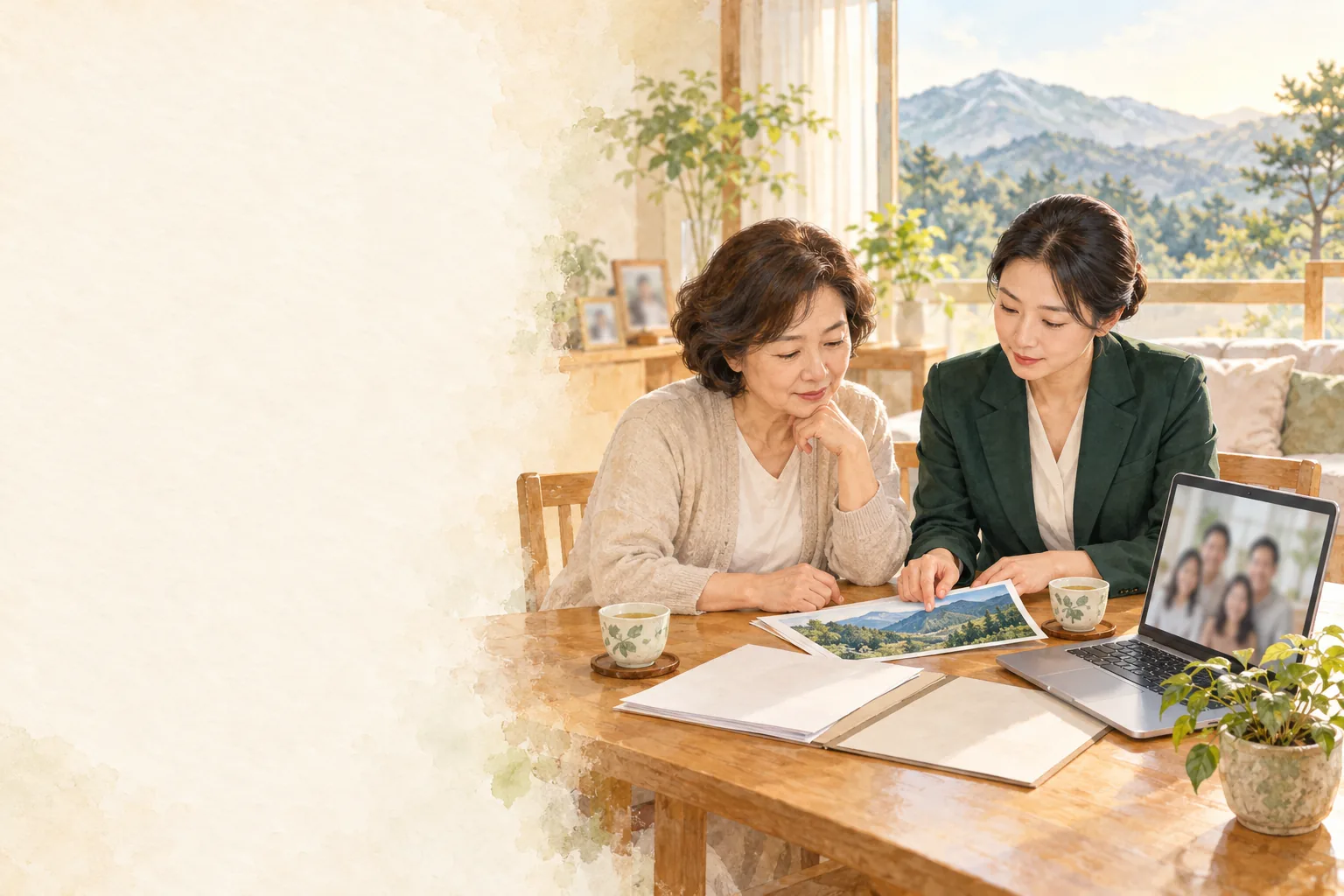 밝은 거실 탁자에서 가족과 상담 직원이 산자락 풍경 사진을 함께 살피고, 노트북 화면으로 멀리 있는 가족이 함께하는 모습